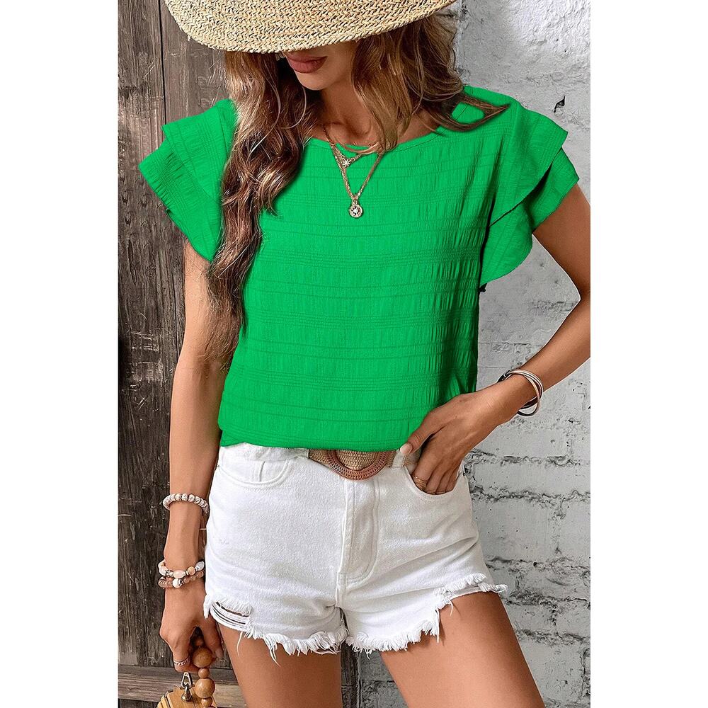 Green Textured Ruffled Short Sleeve Round Neck Top New S,  L, XL - Picture 7 of 8